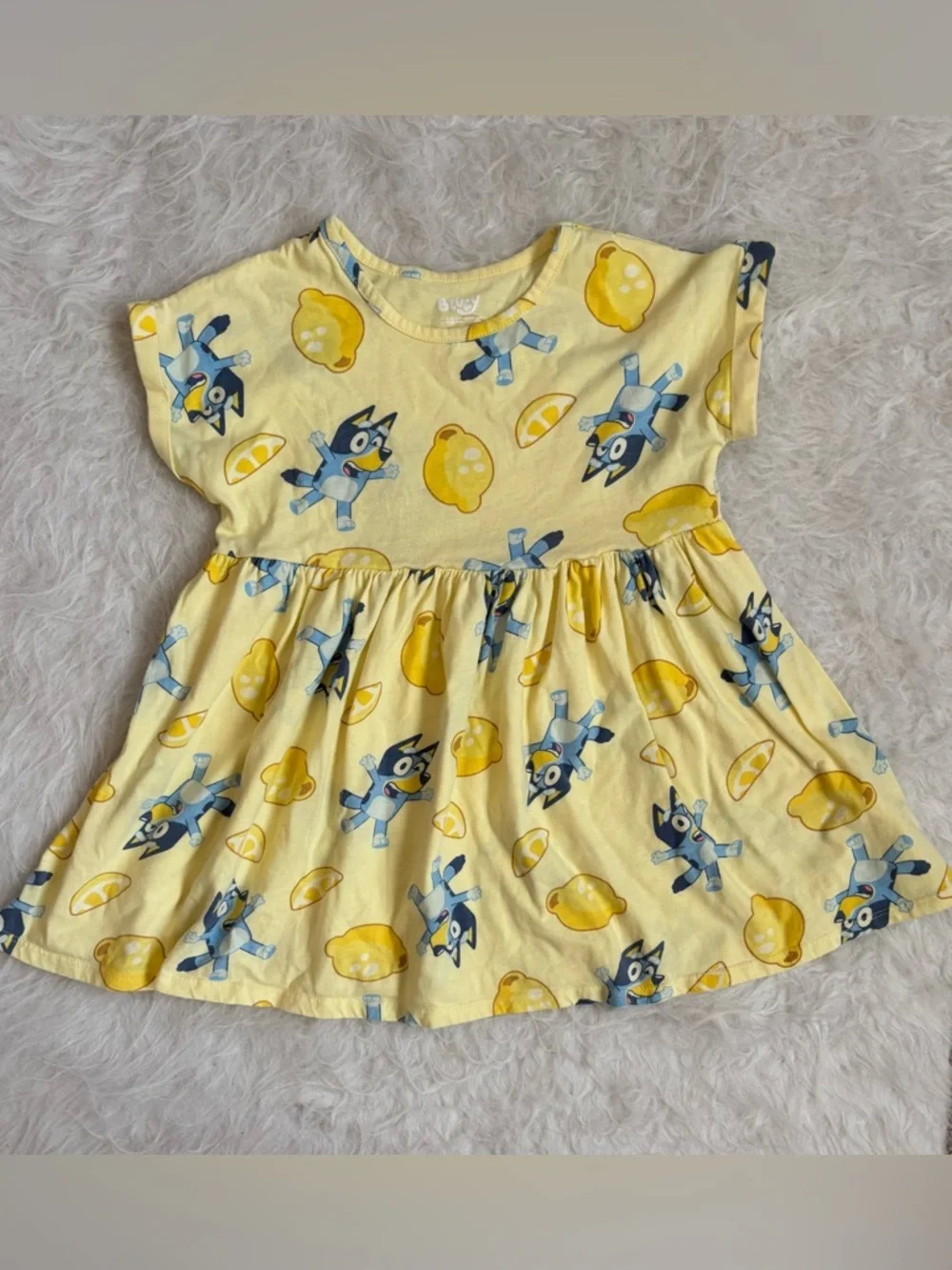 Girls’ Bright Yellow Lemon Print Dress with Fun Bluey Character